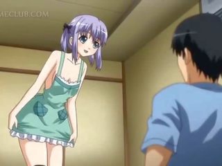 Shy hentai doll in apron jumping craving shaft in bed