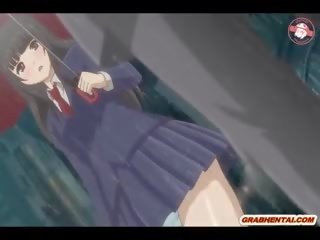 Японська аніме школярка отримує вижимання її цицьки і палець