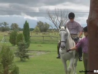 Provocative adolescent jerks his shaft off at a horse stall