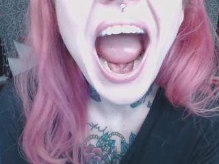 Pink haired lassie holds mouth wide set up for you ;)
