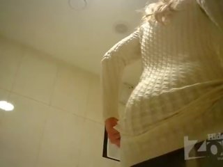Perky blonde in toilet shaved pussy and anus closeups.