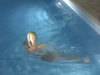 Two Wet Encased Shiny Pantyhose libidinous Lesbians Playing In Pool - Nylon Mask